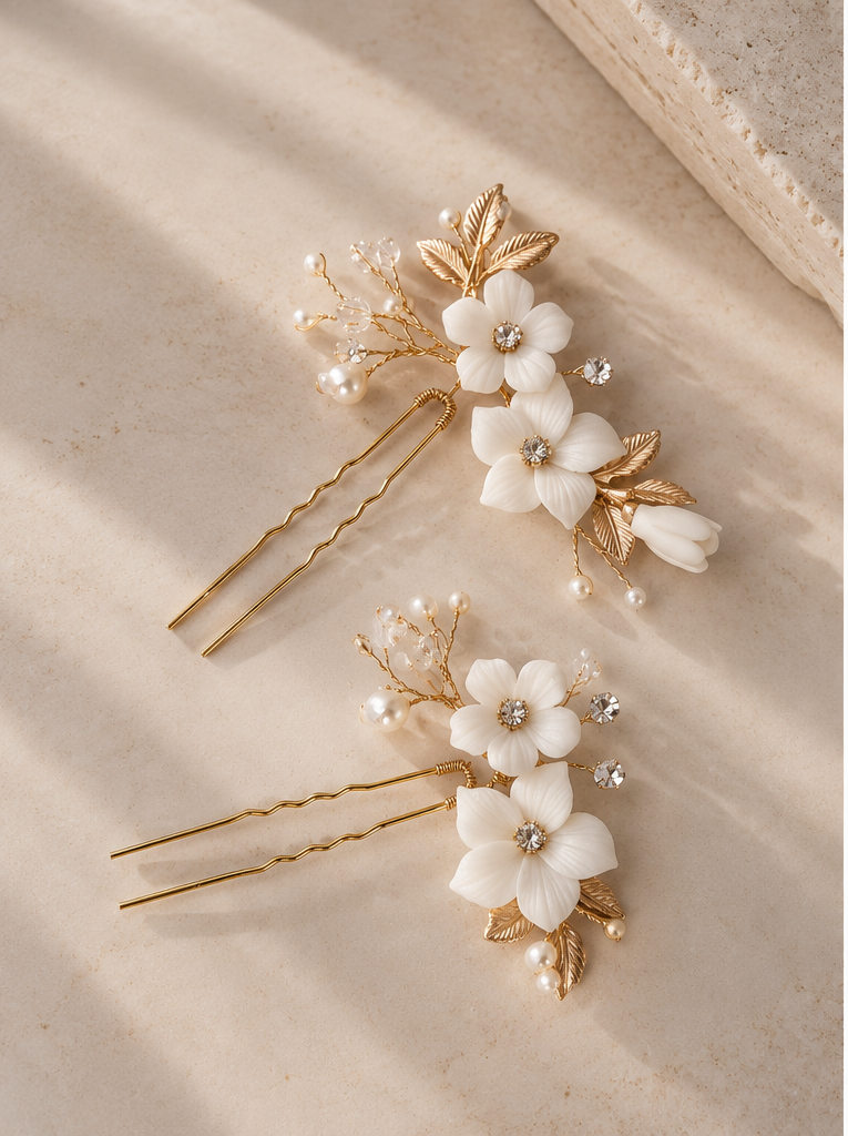 goud met witte bloemen accessoire bruid