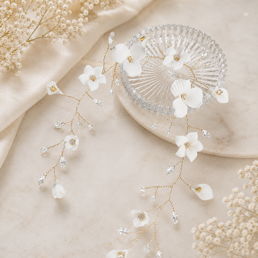 bruidssieraad met witte blaadjes en strass steentjes